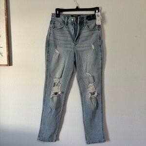 NWT Hollister Blue Straight Leg Jeans with Distressed Knees ultra high rise mom